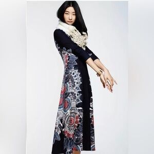 Maeve Anthropologie Eira Sweater Dress Navy Medallion Print Sz small boho lined